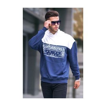 Madmext 6022 Lacivert Erkek Kapüşonlu Desenli Sweatshirt