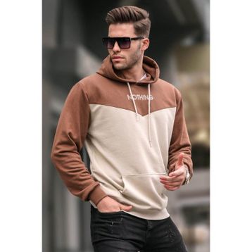 Madmext 6024 Kapüşonlu Renk Bloklu Bej Erkek Sweatshirt