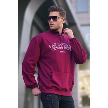 Madmext 6026 Fermuar Yakalı Nakışlı Bordo Erkek Sweatshirt