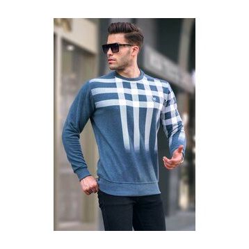 Madmext 6031 Indigo Erkek Bisiklet Yaka Baskılı Sweatshirt