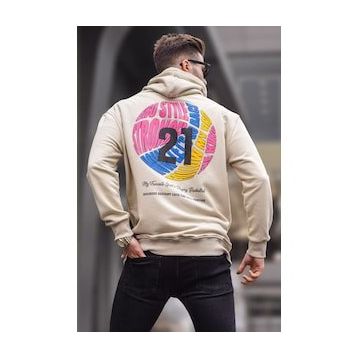 Madmext 6042 Bej Erkek Kabartma Baskılı Kapüşonlu Sweatshirt