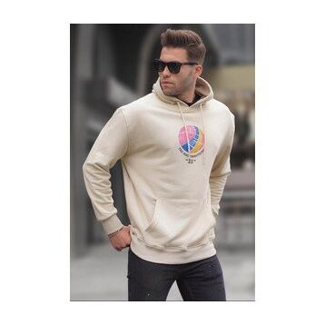 Madmext 6042 Bej Erkek Kabartma Baskılı Kapüşonlu Sweatshirt