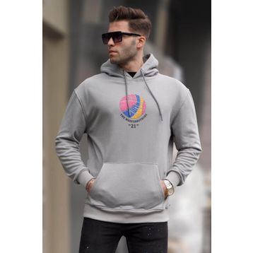 Madmext 6042 Boyalı Gri Kabartma Baskılı Kapüşonlu Erkek Sweatshirt