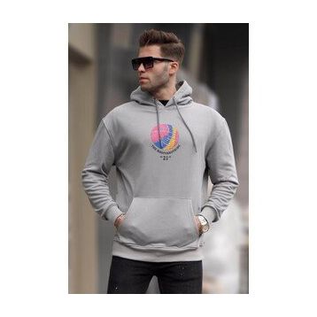 Madmext 6042 Boyalı Gri Kabartma Baskılı Kapüşonlu Erkek Sweatshirt