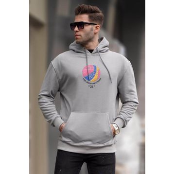 Madmext 6042 Boyalı Gri Kabartma Baskılı Kapüşonlu Erkek Sweatshirt