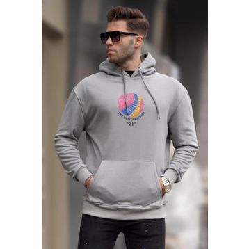 Madmext 6042 Boyalı Gri Kabartma Baskılı Kapüşonlu Erkek Sweatshirt