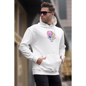 Madmext 6042 Kabartma Baskılı Kapüşonlu Ekru Erkek Sweatshirt