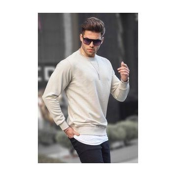 Madmext 6047 Bej Basic Bisiklet Yaka Erkek Sweatshirt