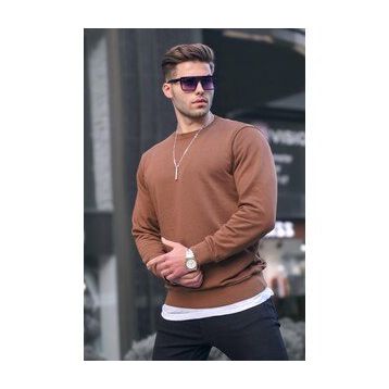 Madmext 6047 Kahverengi Basic Bisiklet Yaka Erkek Sweatshirt