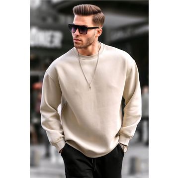 Madmext 6048 Bej Bisiklet Yaka Oversize Şardonlu Basic Erkek Sweatshirt