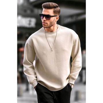 Madmext 6048 Bej Bisiklet Yaka Oversize Şardonlu Basic Erkek Sweatshirt