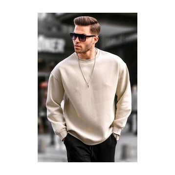 Madmext 6048 Bej Bisiklet Yaka Oversize Şardonlu Basic Erkek Sweatshirt