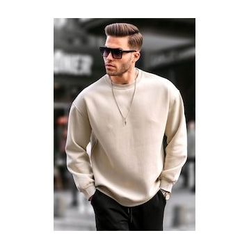 Madmext 6048 Bej Bisiklet Yaka Oversize Şardonlu Basic Erkek Sweatshirt