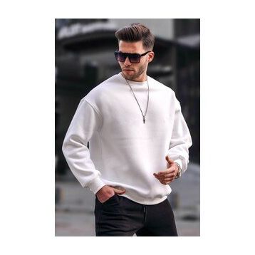 Madmext 6048 Ekru Bisiklet Yaka Oversize Şardonlu Basic Erkek Sweatshirt
