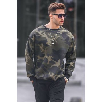Madmext 6048 Haki Bisiklet Yaka Oversize Şardonlu Basic Erkek Sweatshirt