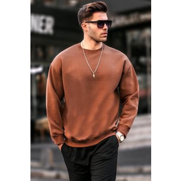 Madmext 6048 Kahverengi Şardonlu Oversize Erkek Sweatshirt