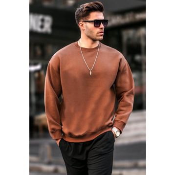 Madmext 6048 Kahverengi Şardonlu Oversize Erkek Sweatshirt