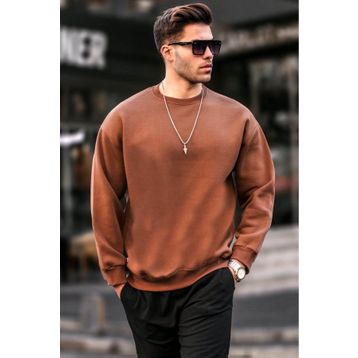 Madmext 6048 Kahverengi Şardonlu Oversize Erkek Sweatshirt