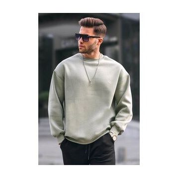 Madmext 6048 Mint Yeşili Bisiklet Yaka Oversize Şardonlu Basic Erkek Sweatshirt