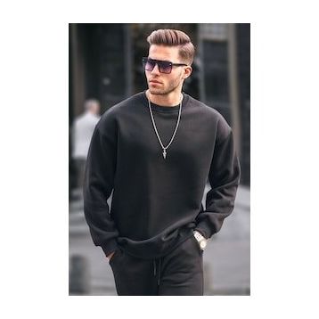 Madmext 6048 Siyah Bisiklet Yaka Oversize Şardonlu Basic Erkek Sweatshirt