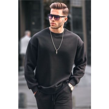 Madmext 6048 Siyah Bisiklet Yaka Oversize Şardonlu Basic Erkek Sweatshirt