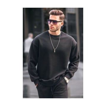 Madmext 6048 Siyah Bisiklet Yaka Oversize Şardonlu Basic Erkek Sweatshirt