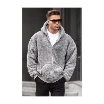 Madmext 6049 Gri Peluş Over Fit Kapüşonlu Fermuarlı Erkek Sweatshirt