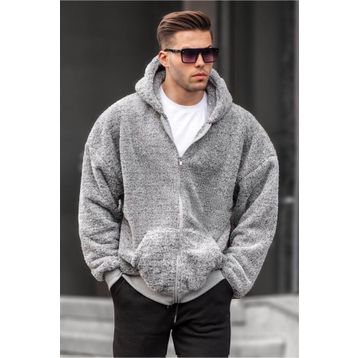 Madmext 6049 Gri Peluş Over Fit Kapüşonlu Fermuarlı Erkek Sweatshirt