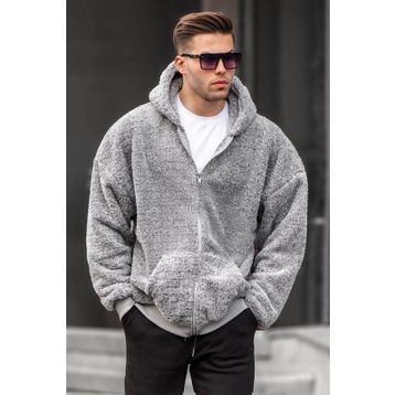Madmext 6049 Gri Peluş Over Fit Kapüşonlu Fermuarlı Erkek Sweatshirt