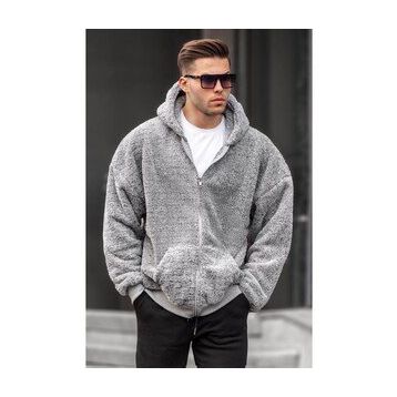 Madmext 6049 Gri Peluş Over Fit Kapüşonlu Fermuarlı Erkek Sweatshirt
