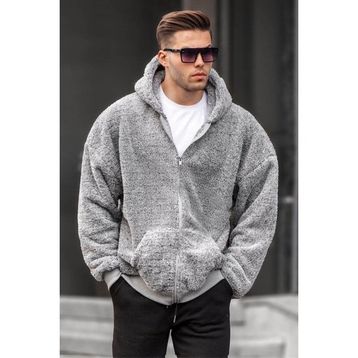 Madmext 6049 Gri Peluş Over Fit Kapüşonlu Fermuarlı Erkek Sweatshirt