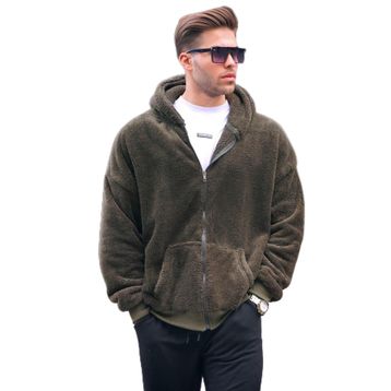 Madmext 6049 Haki Peluş Kapüşonlu Erkek Swetshirt