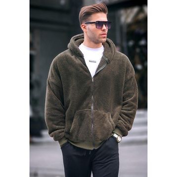 Madmext 6049 Haki Peluş Kapüşonlu Erkek Swetshirt