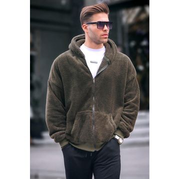 Madmext 6049 Haki Peluş Kapüşonlu Erkek Swetshirt