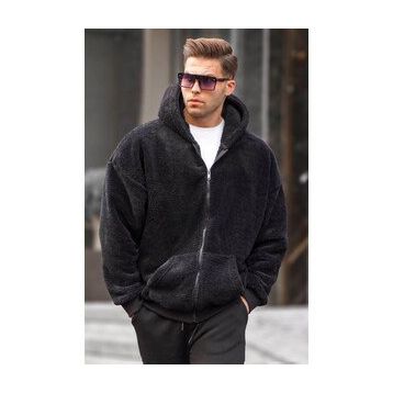 Madmext 6049 Siyah Peluş Over Fit Kapüşonlu Fermuarlı Erkek Sweatshirt