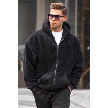 Madmext 6049 Siyah Peluş Over Fit Kapüşonlu Fermuarlı Erkek Sweatshirt