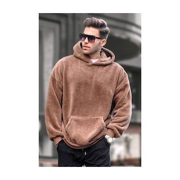 Madmext 6050 Kahverengi Peluş Kapüşonlu Erkek Sweatshirt