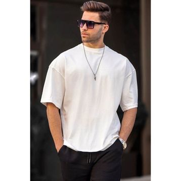 Madmext 6066 Ekru Oversize Fit Basic Erkek T-shirt
