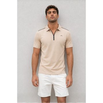 Madmext 6076 Bej Basic Fermuarlı Polo Erkek T-shirt