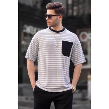 Madmext 6084 Gri Çizgili Basic Erkek T-shirt