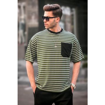 Madmext 6084 Haki Çizgili Basic Erkek T-shirt