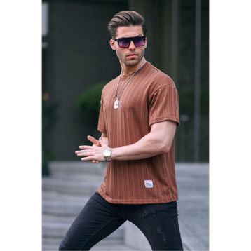 Madmext 6179 Kahverengi Oversize Bisiklet Yaka Erkek T-shirt