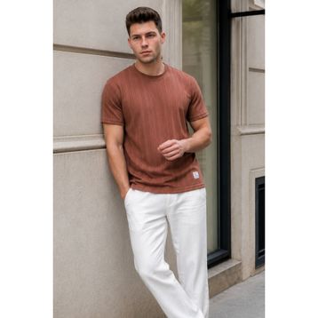 Madmext 6179 Kahverengi Oversize Bisiklet Yaka Erkek T-shirt
