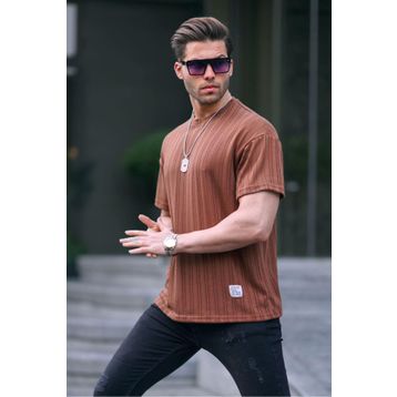 Madmext 6179 Kahverengi Oversize Bisiklet Yaka Erkek T-shirt