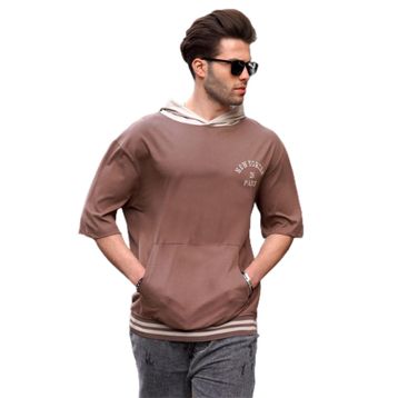 Madmext 6182 Kahverengi Kapüşonlu Erkek T-shirt