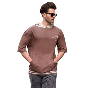 Madmext 6182 Kahverengi Kapüşonlu Erkek T-shirt