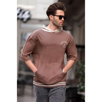 Madmext 6182 Kahverengi Kapüşonlu Erkek T-shirt