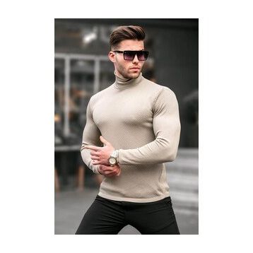 Madmext 6306 Bej Balıkçı Yaka Triko Erkek Kazak