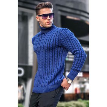 Madmext 6317 İndigo Balıkçı Yaka Örgü Detaylı Erkek Kazak