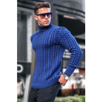 Madmext 6317 İndigo Balıkçı Yaka Örgü Detaylı Erkek Kazak